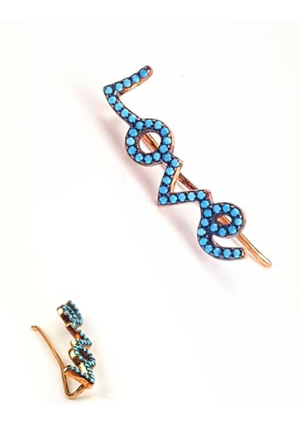 Mavi nano turkuaz taşlı earcuff tek gümüş küpe