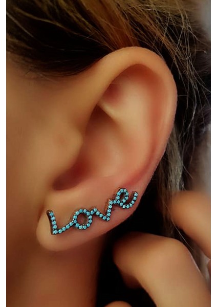 Mavi nano turkuaz taşlı earcuff tek gümüş küpe