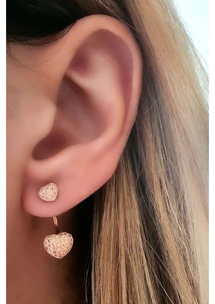 Şampanya rengi sitrin taşlı gümüş rose earcuff cift küpe