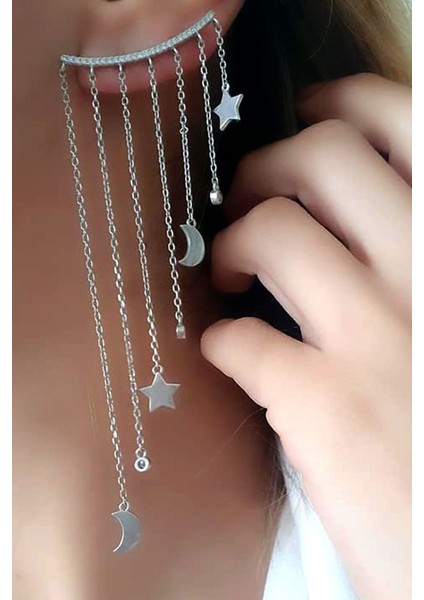 Ay yıldız figürlü gümüş italyan tasarımı earcuff tek küpe
