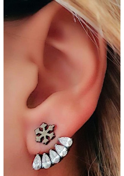 Kar tanesi figürlü siyah rodajli gümüş earcuff cift küpe