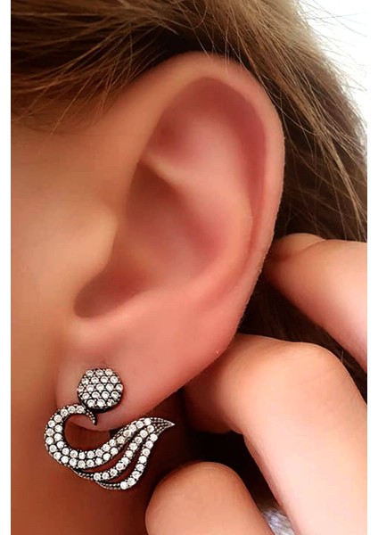 zirkon taşlı gümüş earcuff cift küpe