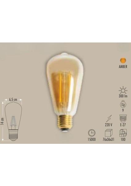 Rustik LED Ampul Dimmerli Uzun Fılament Sari 6W