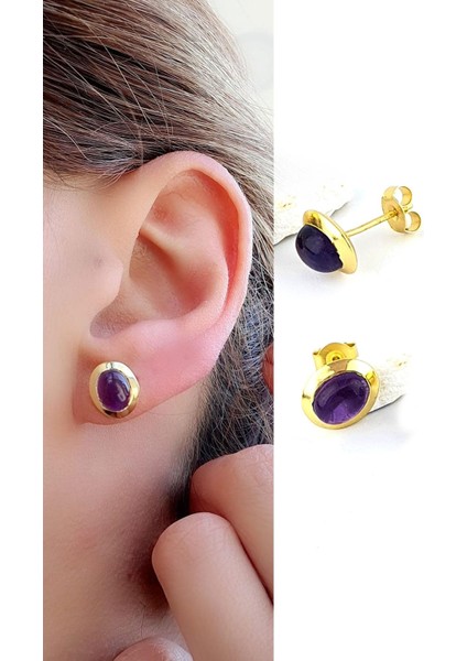 Ametist Taşlı 925AYAR Gümüş Üzerine Altın Kaplama Tasarım Doğal Taş Minimal Oval Küpe