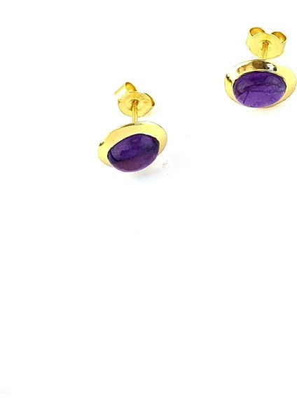 Ametist Taşlı 925AYAR Gümüş Üzerine Altın Kaplama Tasarım Doğal Taş Minimal Oval Küpe fiyatları