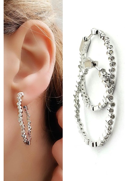 Zirkon Taş Detaylı 925 Ayar Gümüş Trend Halka Küpe