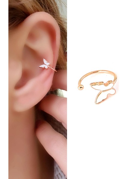 Beyaz Mineli 925AYAR Gümüş Üzerine Rose Altın Kaplama Trend Kelebek Sıkıştırmalı Kıkırdak Küpesi