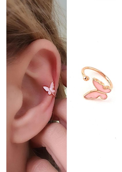 Pembe mineli 925ayar Gümüş Üzerine Rose Altın Kaplama Trend Kelebek Sıkıştırmalı Kıkırdak Küpesi