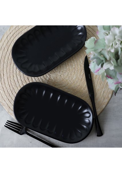 Mat Siyah Badem Kayık Tabak 22 cm 2 Adet 956