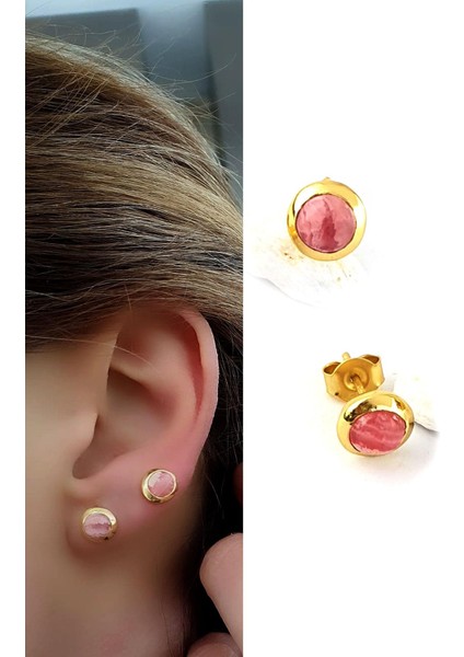 Pembe Turmalin Taşlı 925AYAR Gümüş Üzerine Altın Kaplama Tasarım Doğal Taş Minimal Küpe