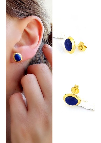 Lapis Lazuli Taşlı 925AYAR Gümüş Üzerine Altın Kaplama Tasarım Doğal Taş Minimal Oval Küpe