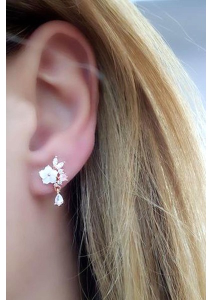 Sedef Taşlı El Işi Pembe Kuvars Taş Detaylı 925AYAR Gümüş Üzerine Rose Altın Kaplama El Işi Tasarım Küpe