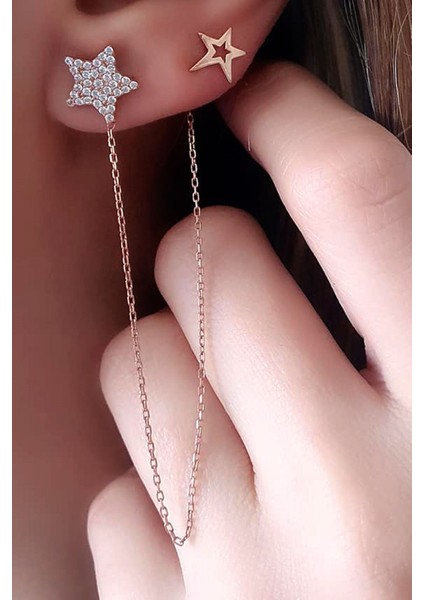Yıldız figürlü gümüş rose zincir küpe