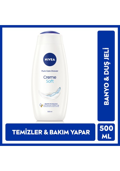 NIVEA Creme Soft Kremsi Dokunuş Banyo Ve Duş Jeli 500ml, Vücut Nemlendirici, Badem Yağı, Pürüzsüz Cilt