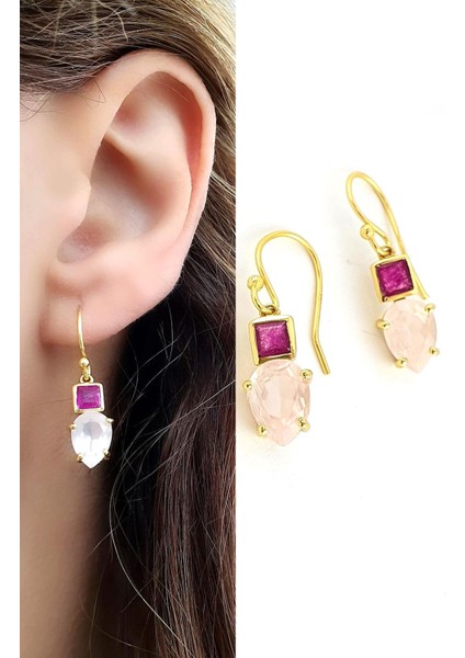 Pembe Turmalin ve Pembe Kuvars Taşlı 925AYAR Gümüş Üzerine Altın Kaplama Tasarım Doğal Taş Küpe