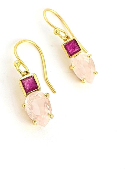 Pembe Turmalin ve Pembe Kuvars Taşlı 925AYAR Gümüş Üzerine Altın Kaplama Tasarım Doğal Taş Küpe fiyatları