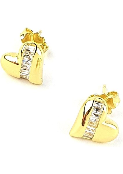 Baget Zirkon Taş Detaylı 925AYAR Gümüş Üzerine Altın Kaplama Kalp Küpe fiyatları