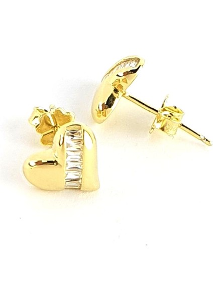 Baget Zirkon Taş Detaylı 925AYAR Gümüş Üzerine Altın Kaplama Kalp Küpe modelleri