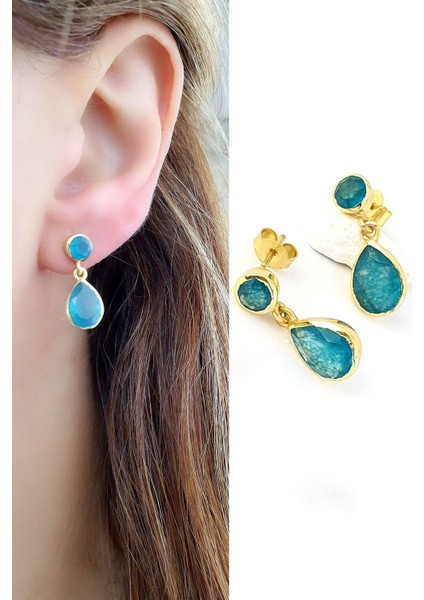 Işlenmemiş Aquamarin Taşlı 925AYAR Gümüş Üzerine Altın Kaplama Tasarım Doğal Taş Damla Küpe