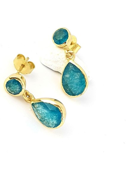 Işlenmemiş Aquamarin Taşlı 925AYAR Gümüş Üzerine Altın Kaplama Tasarım Doğal Taş Damla Küpe fiyatları