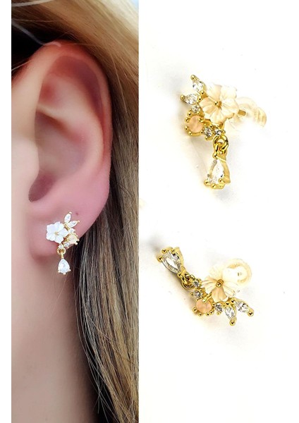 Sedef Taşlı El Işi Pembe Kuvars Taş Detaylı 925AYAR Gümüş Üzerine Altın Kaplama El Işi Tasarım Küpe