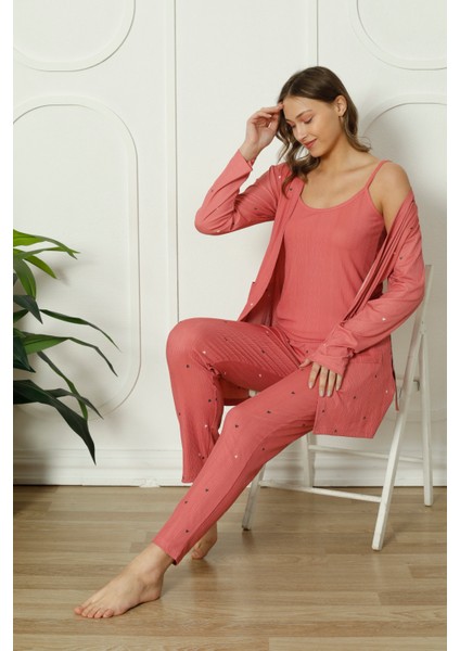 Mirano 1253 Pegasus Kumaş Sabahlıklı Bluzlu 3lü Kalpli Kadın Pijama Takımı fırsatları