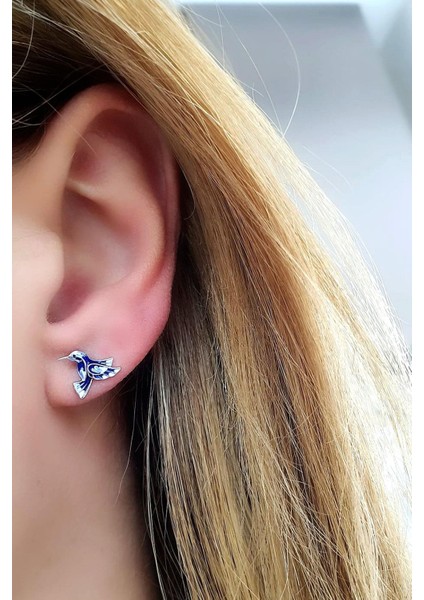 Lacivert Mineli 925AYAR Gümüş Tasarım El Işi Totem Kuşu Küpe