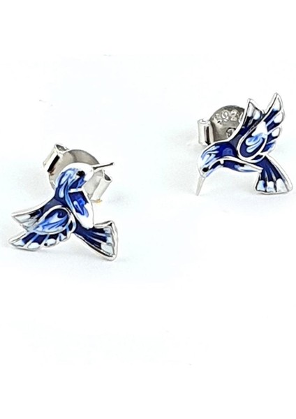 Lacivert Mineli 925AYAR Gümüş Tasarım El Işi Totem Kuşu Küpe modelleri