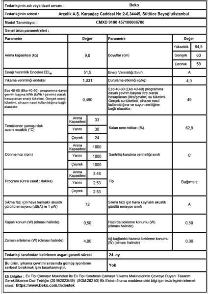 Cmxd 9100 A Enerji Sınıfı 9kg 1000 Devir Çamaşır Makinası