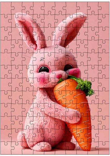 Ahşap Mdf Puzzle Yapboz Pembe Tavşan ve Havuç 120 Parça 25*35 cm