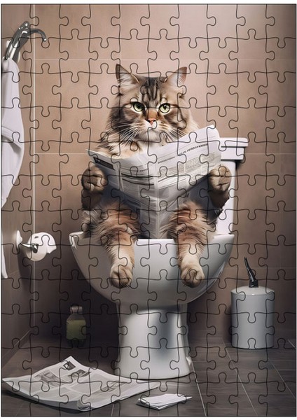 Ahşap Mdf Puzzle Yapboz Tuvalette Gazete Okuyan Kedi 120 Parça 25*35 cm