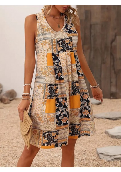 Kadın Kolsuz Önü Pile Detay Çiçek Desenli Süprem Elbise fiyatları