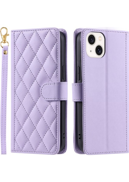 iPhone 15 Plus Pu Deri Dikişli Eşkenar Dörtgen Izgarası Telefon Kılıfı (Yurt Dışından)