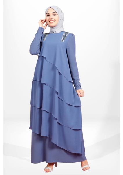 5589 Tesettür Volanlı Indigo Elbise modelleri