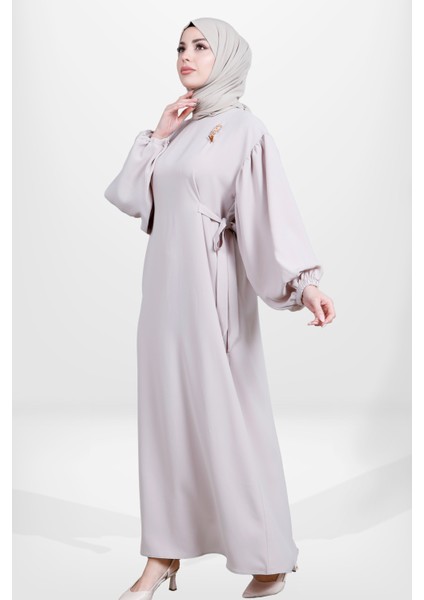 5659 Tesettür Bej Laleli Elbise