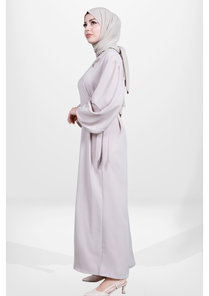 5659 Tesettür Bej Laleli Elbise modelleri