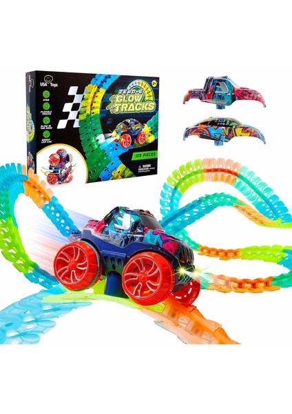Usa Toyz Çocuklar Için Zero-G Glow Yarış Pisti - 105 Adet Karanlıkta Parlayan Esnek Yarış Arabası Pisti Seti, Vantuzlu, Slot Arabası, 2 Graffiti Oyuncak Araba Kabuğu, 3+ Yaşındaki (Yurt Dışından)