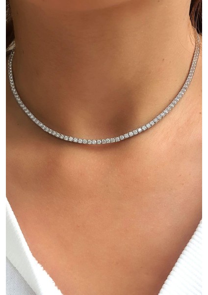 Pırlanta Parlaklığında Swarovski Taşlı 925AYAR Gümüş Su Yolu Choker Kolye