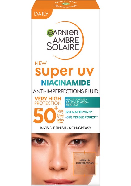 Ambre Solaire Super UV Niasinamid Cilt Kusurları Karşıtı Günlük Güneş Koruyucu Fluid Krem SPF50+ 40ML