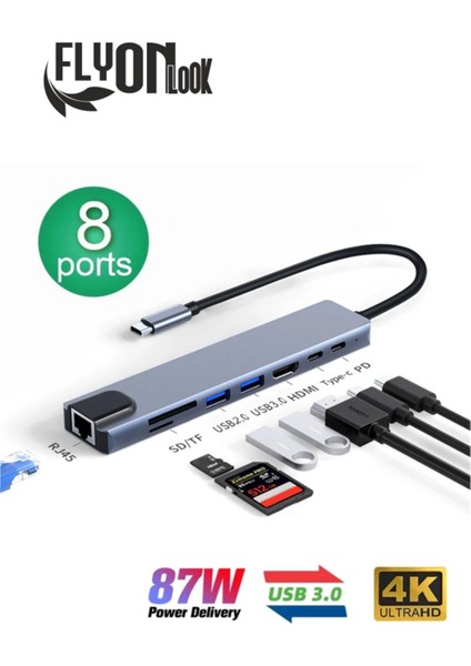 8 In 1 type-c 3.1 4K HDMI Adaptörü ile SD/TF Kart Okuyucu PD Hızlı Şarj için Ethernet Girişli