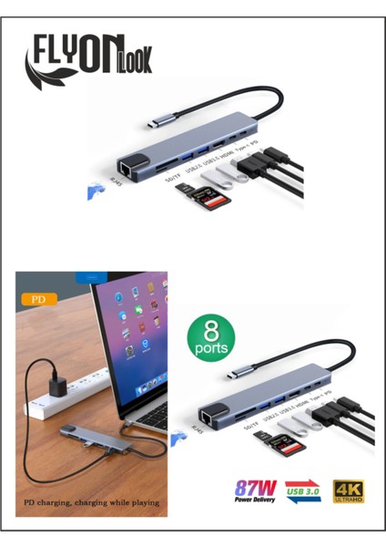 8 In 1 type-c 3.1 4K HDMI Adaptörü ile SD/TF Kart Okuyucu PD Hızlı Şarj için Ethernet Girişli