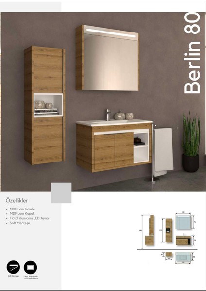Berlin 80 cm Banyo Dolabı Boy Dolabı Dahil