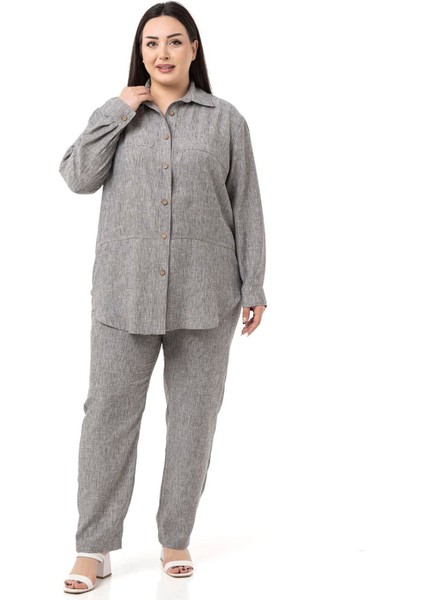 Büyük Beden Keten Gömlek Pantolon Gri Ikili Takım