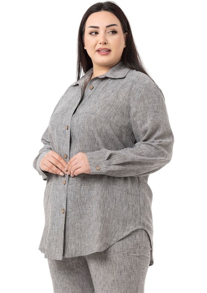 Büyük Beden Keten Gömlek Pantolon Gri Ikili Takım fiyatları