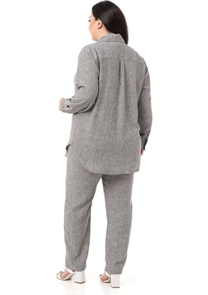 Büyük Beden Keten Gömlek Pantolon Gri Ikili Takım modelleri