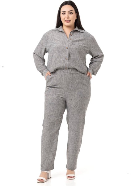 Büyük Beden Keten Gömlek Pantolon Gri Ikili Takım fırsatları