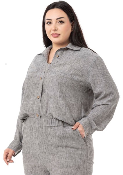 Büyük Beden Keten Gömlek Pantolon Gri Ikili Takım indirimleri