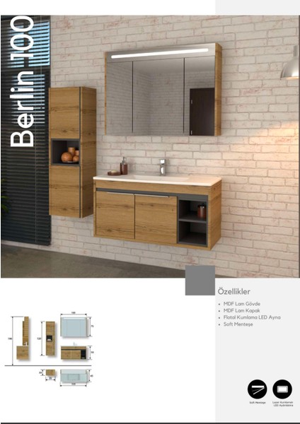 Berlin 100 cm Banyo Dolabı Boy Dolabı Dahil