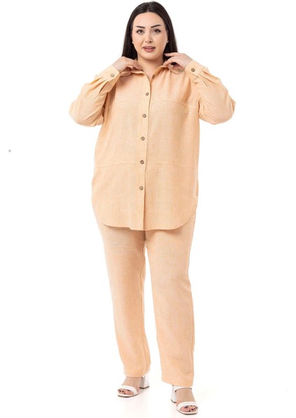 Büyük Beden Keten Gömlek Pantolon Somon Ikili Takım