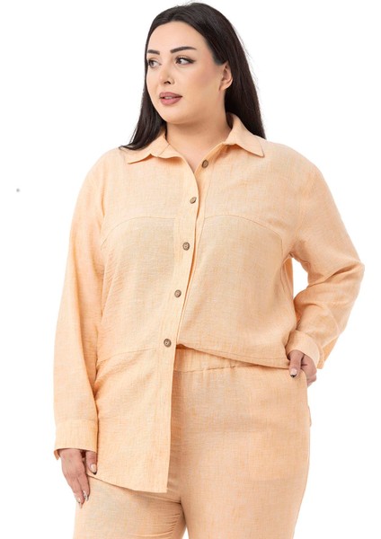 Büyük Beden Keten Gömlek Pantolon Somon Ikili Takım fiyatları